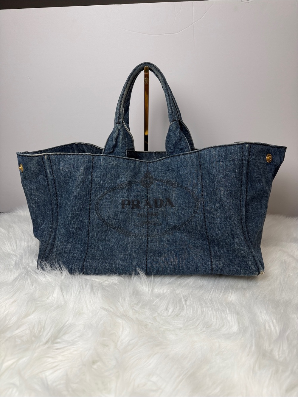 Prada Canapa Denim Blue Logo Large Tote Bag